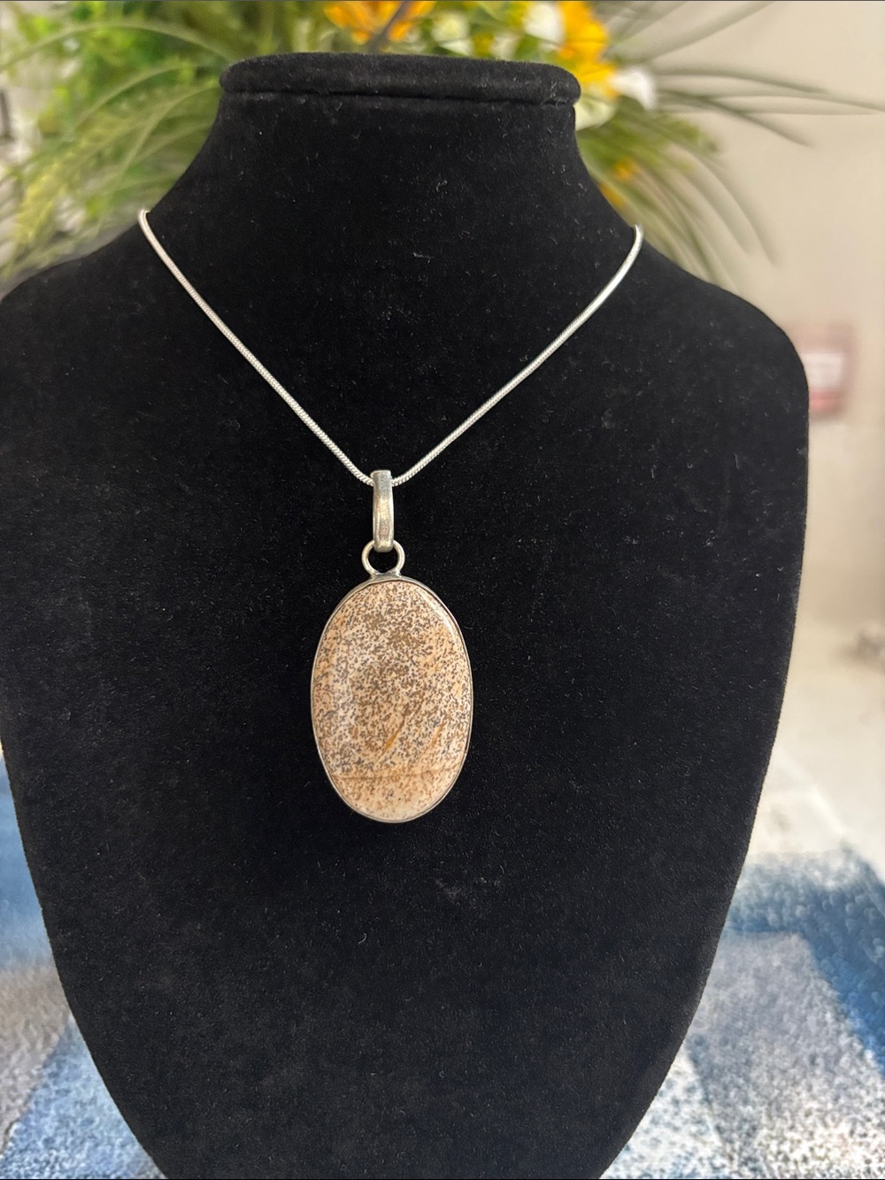 Sterling Silver Oval Beige Jasper Pendant Necklace